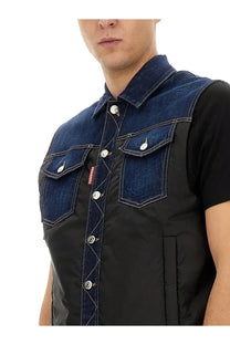 Dsquared2 men’s denim puffer vest in dark blue with black quilted panels and silver toned buttons