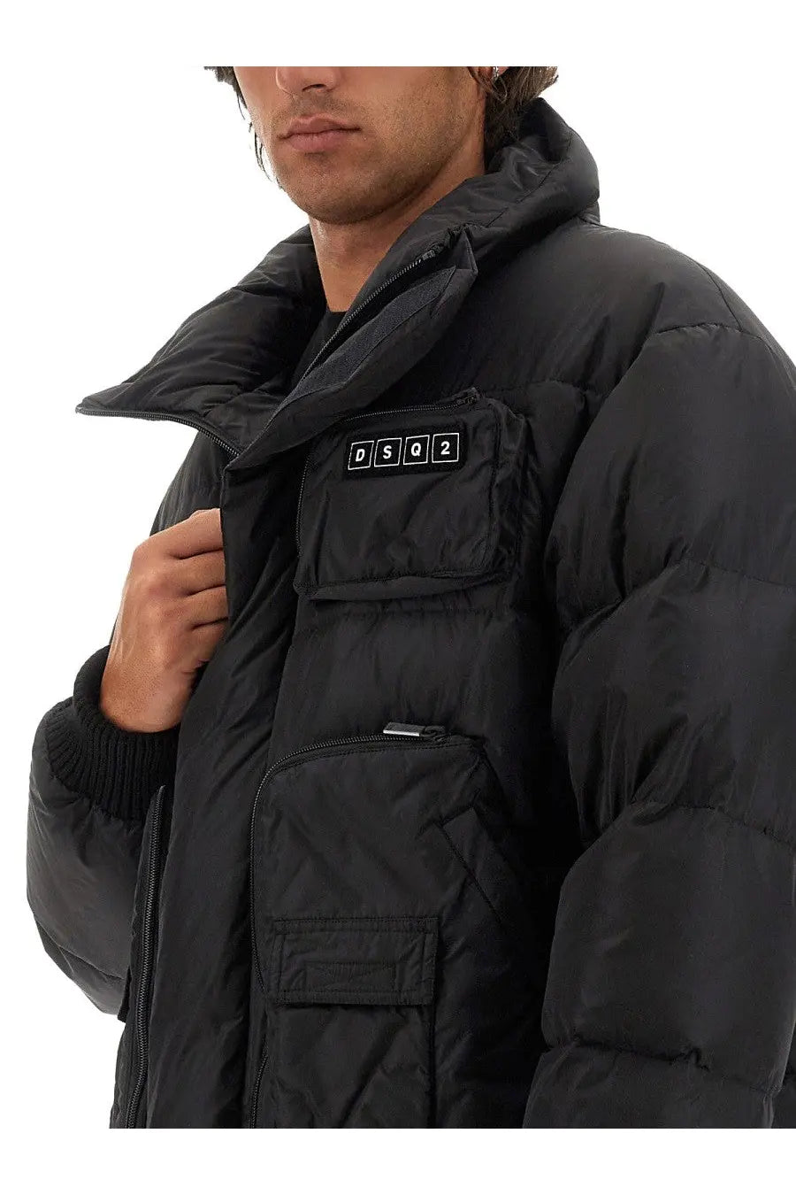Dsquared2 men’s black down jacket with high collar multiple pockets and dsq2 logo patch on the chest