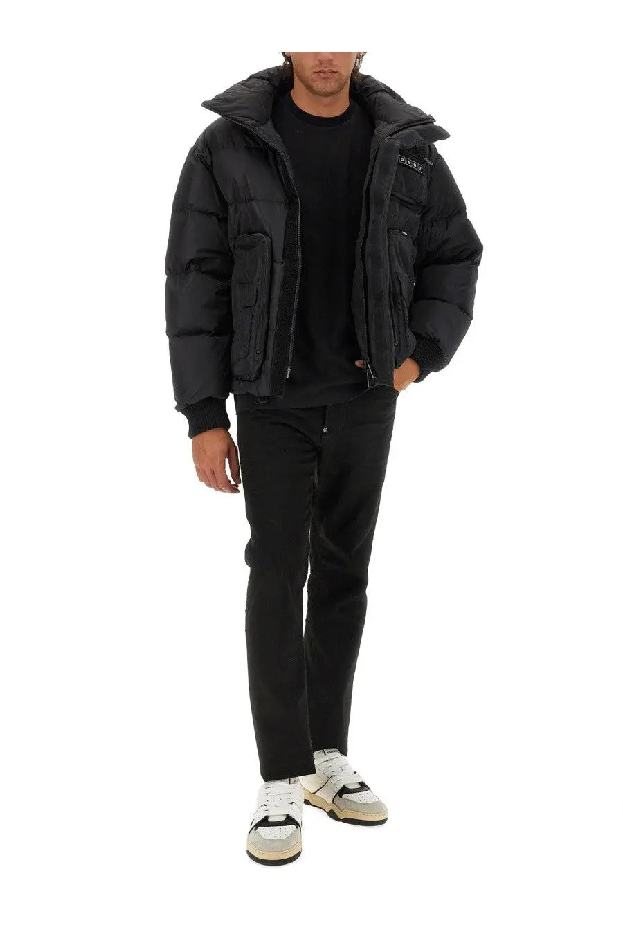 Dsquared2 men’s black down jacket with hood and front pockets in puffer style for cold weather wear