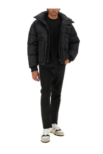 Dsquared2 men’s black down jacket with hood and front pockets in puffer style for cold weather wear