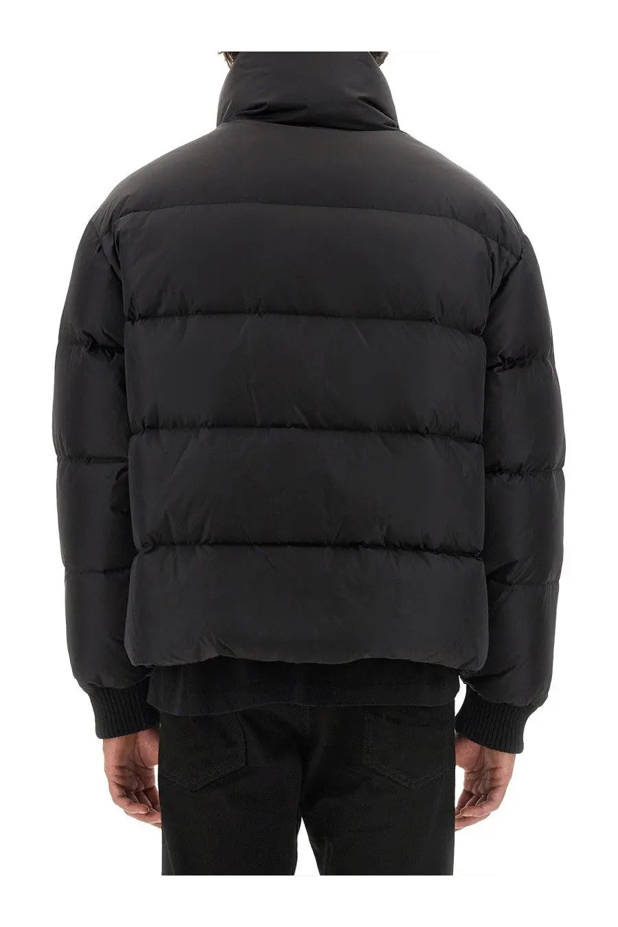 Dsquared2 men’s black down puffer jacket with horizontal quilted panels and ribbed cuffs