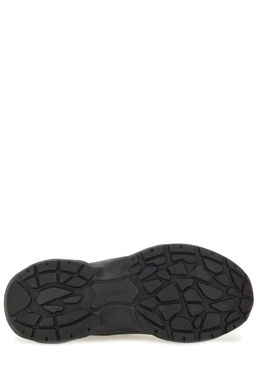 Black rubber sole with textured geometric tread and molded branding on dsquared2 men’s faster sneaker green