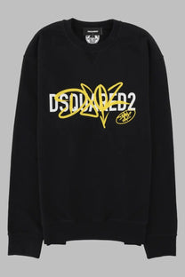 Dsquared2 men’s black sweatshirt with bold yellow and white graffiti style logo across the chest in a cool fit design