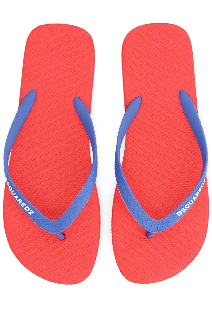 Dsquared2 men’s flip flop slipper in red and blue with braided strap design and textured sole