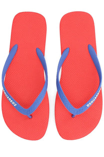 Dsquared2 men’s flip flop slipper in red and blue with braided strap design and textured sole