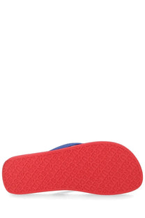 Dsquared2 men’s flip flop slipper with red rubber sole embossed lettering and blue strap for casual wear