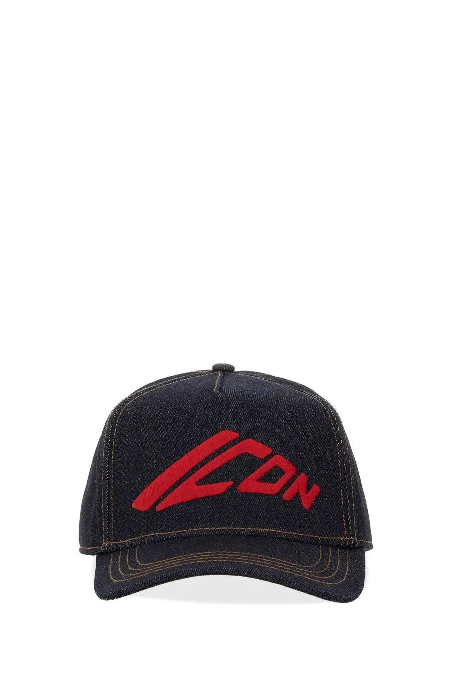Dsquared2 men’s blue dark denim baseball cap with bold red embroidered icon lettering on the front