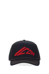 Dsquared2 men’s blue dark denim baseball cap with bold red embroidered icon lettering on the front