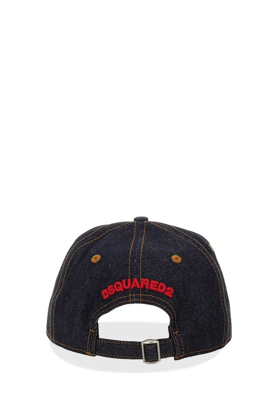 Dark blue denim dsquared2 men’s icon new generation baseball hat with red embroidered logo and tan button details