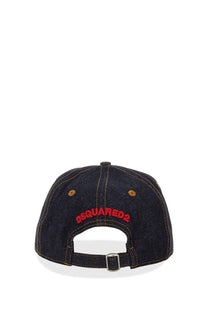 Dark blue denim dsquared2 men’s icon new generation baseball hat with red embroidered logo and tan button details