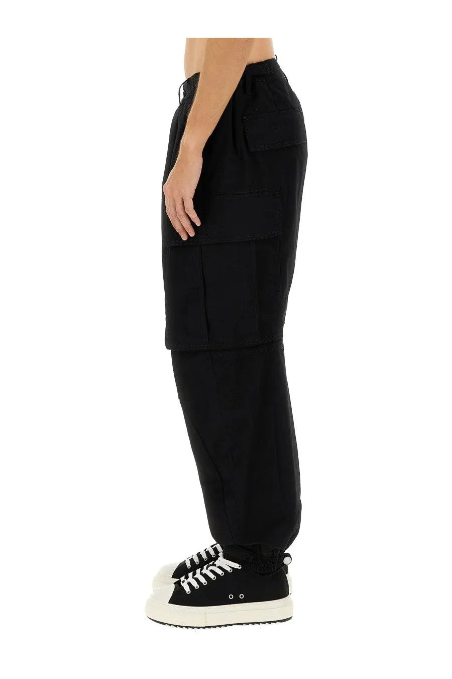 Dsquared2 men’s icon new generation black cargo pants with multiple large pockets and a relaxed tapered fit