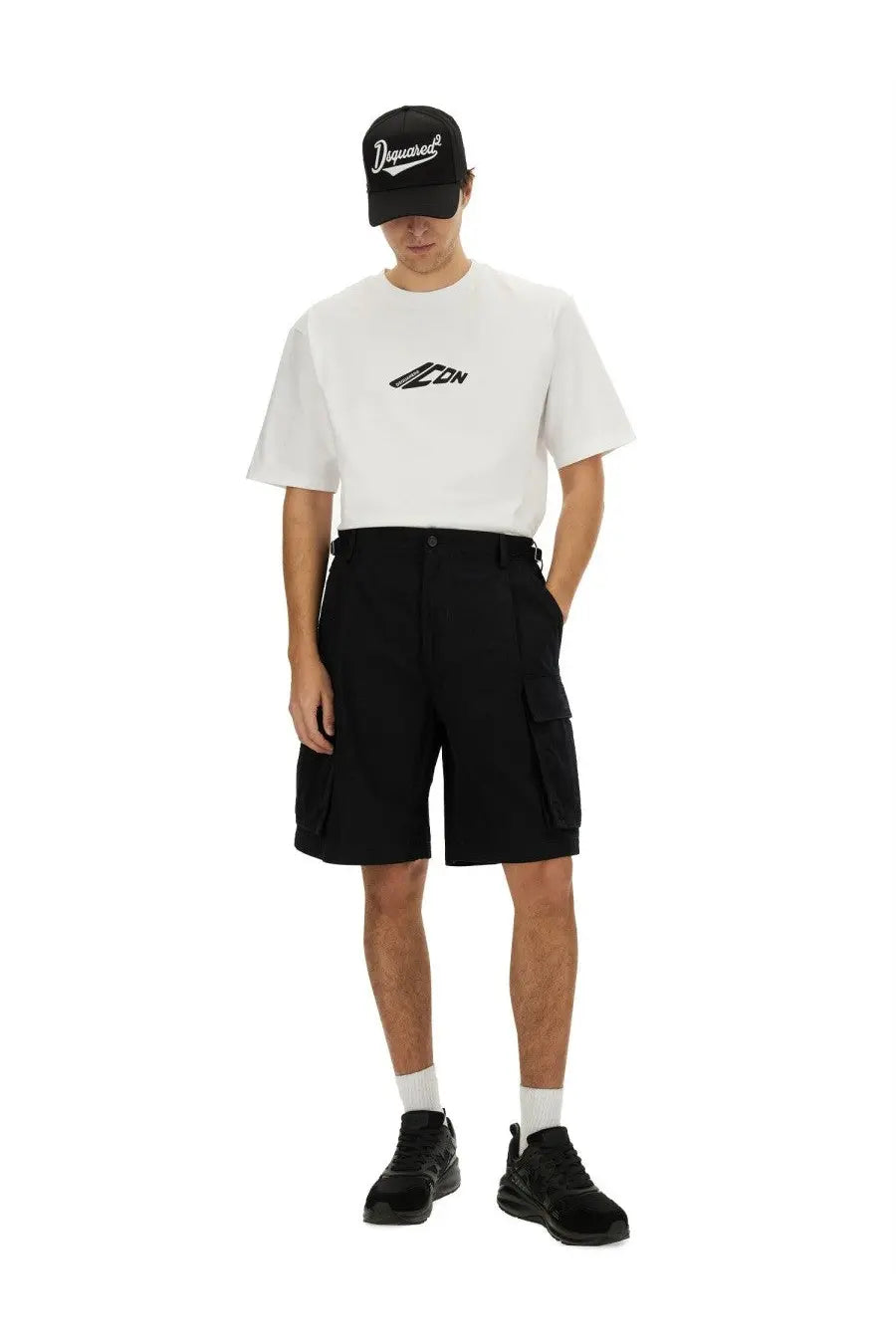Black cargo shorts with multiple pockets and straight-leg cut paired with dsquared2 white loose fit shirt