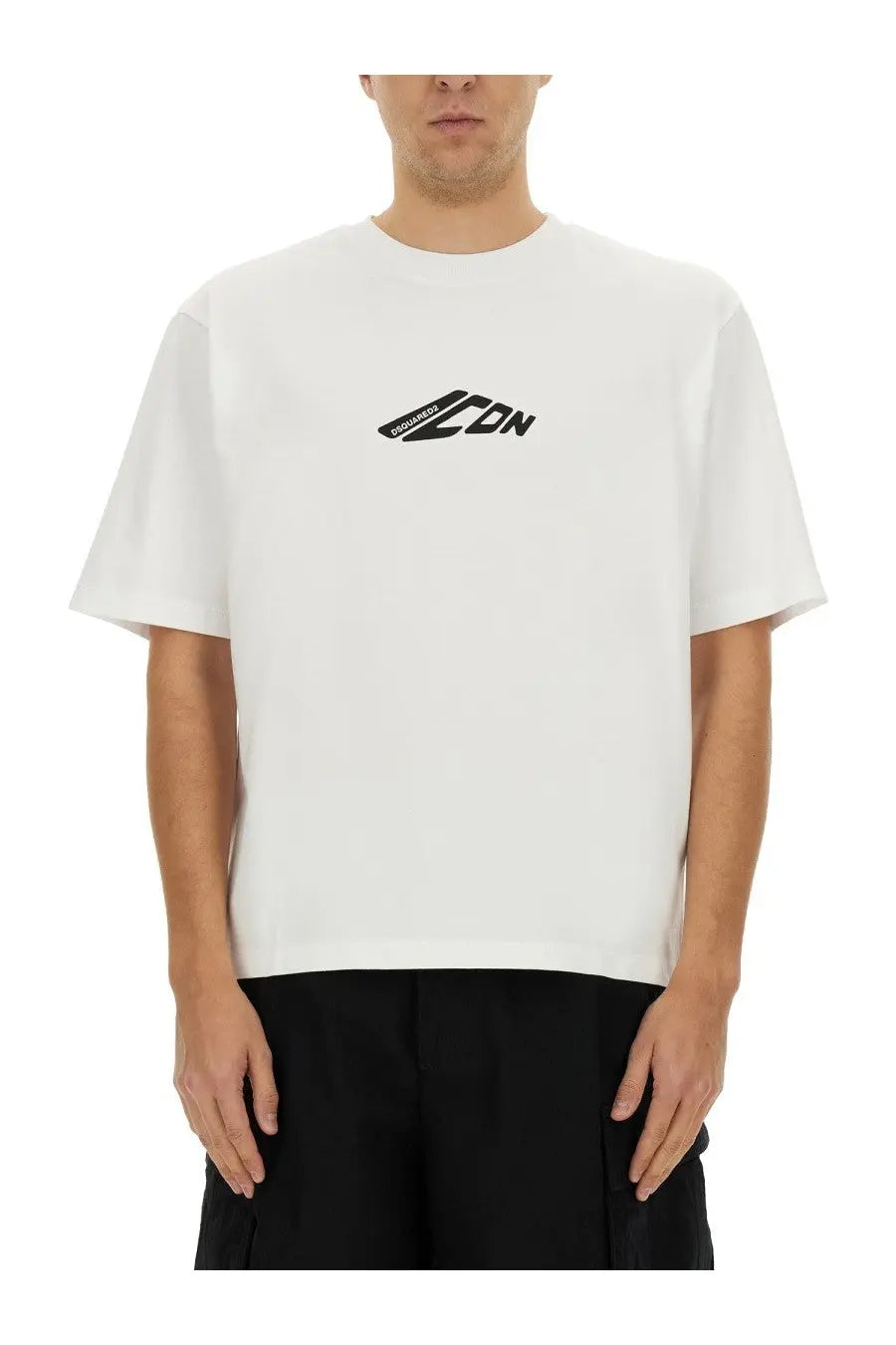 Dsquared2 men’s icon new generation loose fit white short-sleeved crew neck t-shirt with black diagonal logo on chest