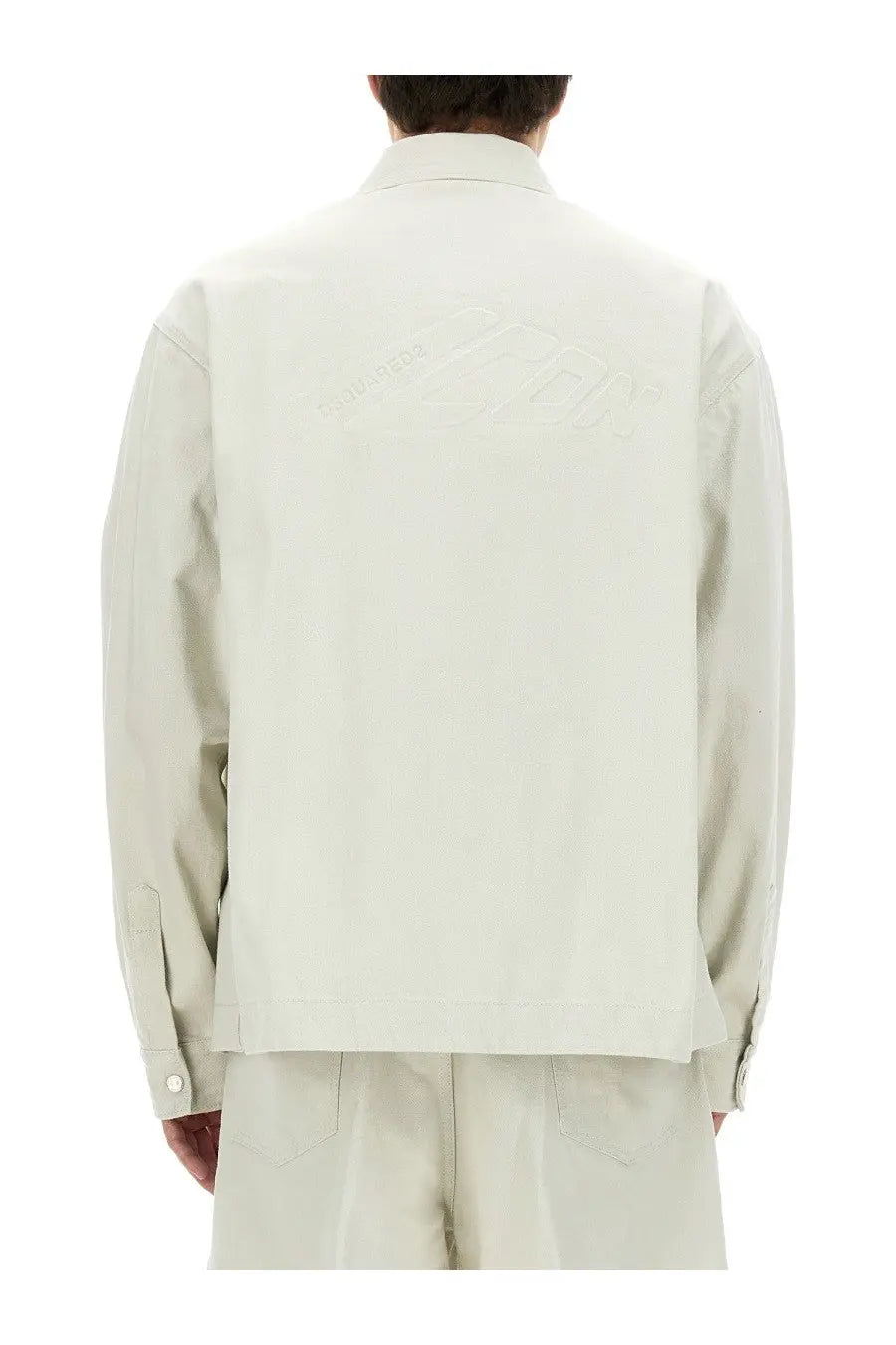Dsquared2 men’s icon new generation overshirt white cream long-sleeved jacket with subtle embroidered logo on back view