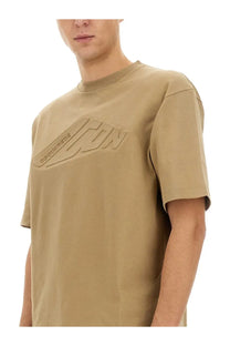 Beige dsquared2 men’s icon new generation t-shirt with raised geometric logo design on chest in cotton material