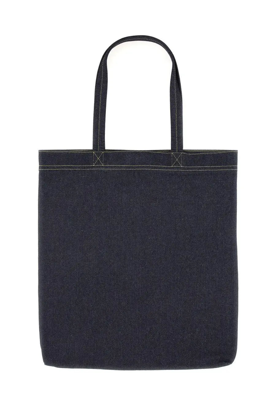 Dsquared2 men’s icon new generation dark blue denim tote bag with white stitching along top edge and handles