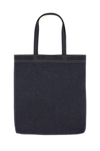 Dsquared2 men’s icon new generation dark blue denim tote bag with white stitching along top edge and handles