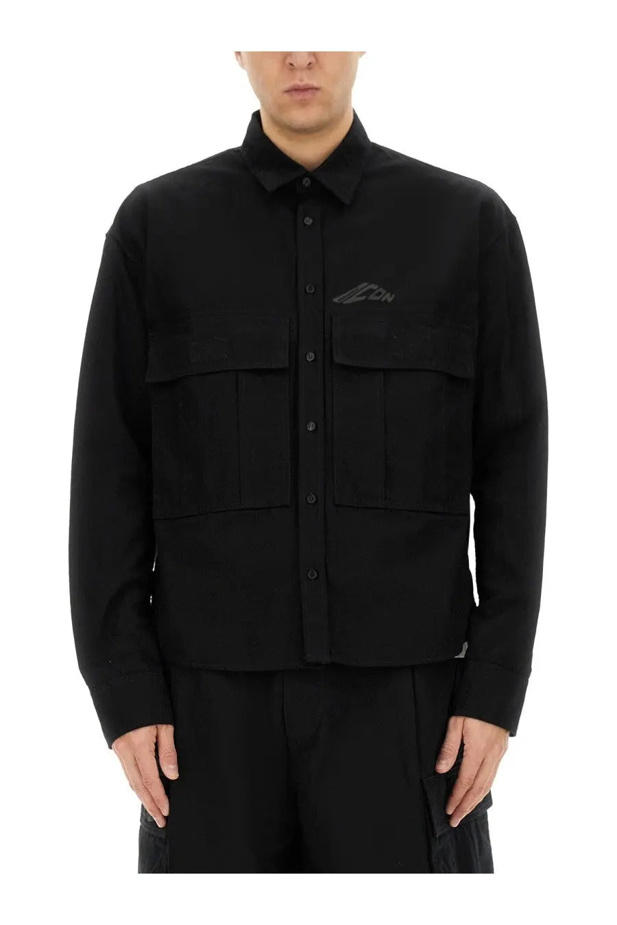 Dsquared2 men’s black ripstop button-up shirt with two front pockets and subtle embroidered logo on left chest