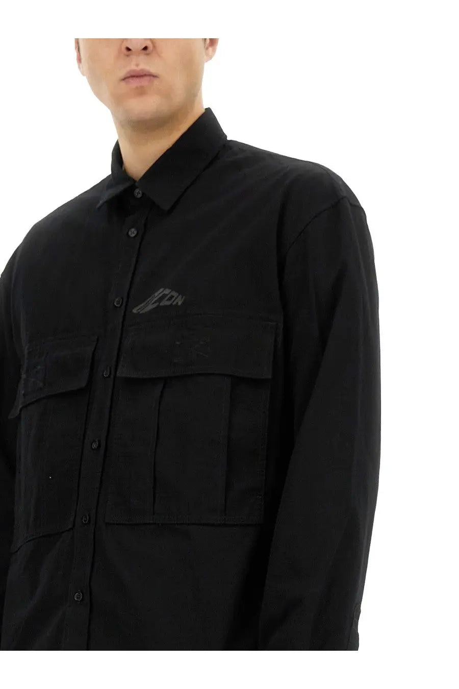 Dsquared2 men’s icon ripstop black shirt with long sleeves, two chest pockets, and subtle embroidered logo