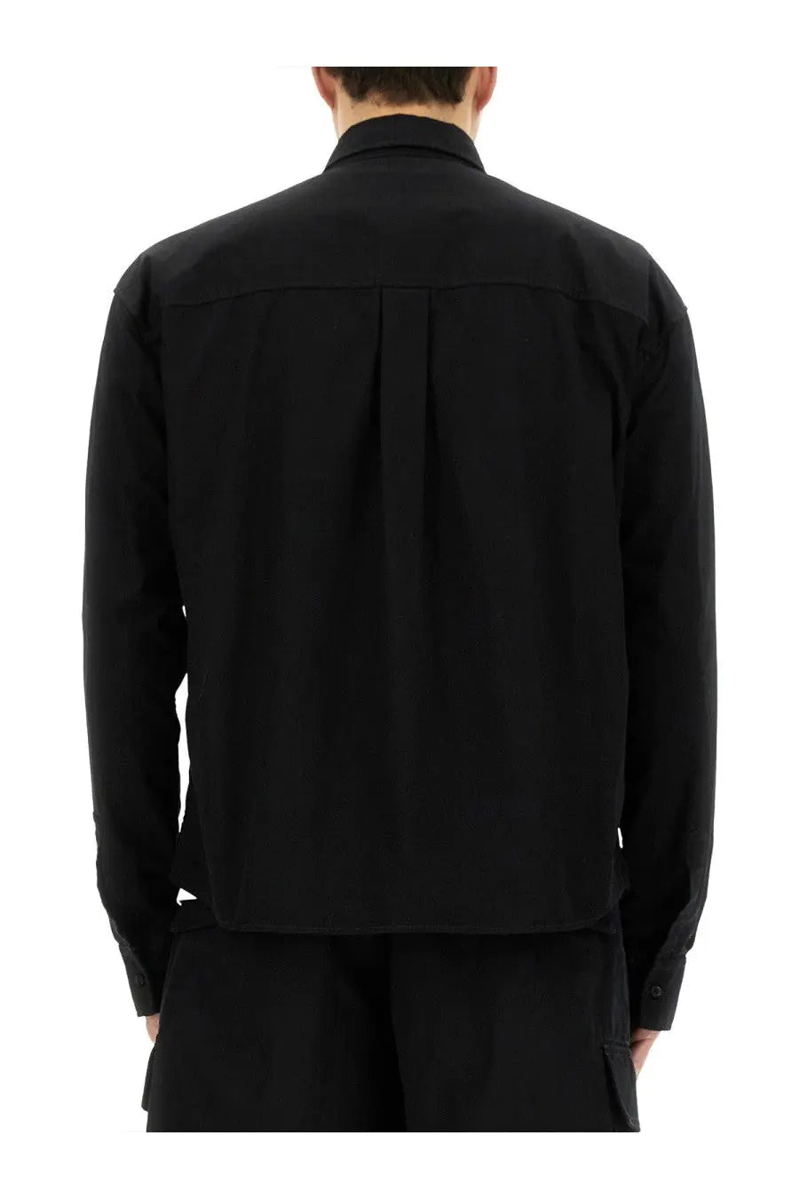 Dsquared2 men’s black ripstop long-sleeved shirt with structured collar and subtle pleats on the back side