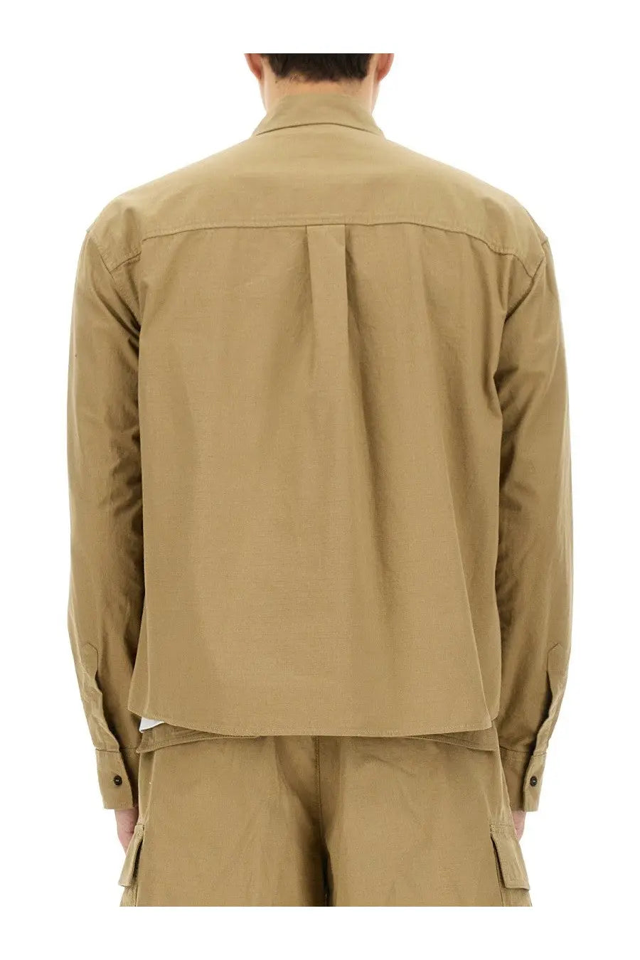 Dsquared2 men’s icon ripstop shirt brown beige long-sleeved button-up with structured back and subtle pleats shown from back side