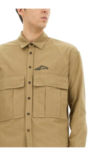 Dsquared2 men’s tan long-sleeved ripstop shirt with two chest pockets and black embroidered collar logo