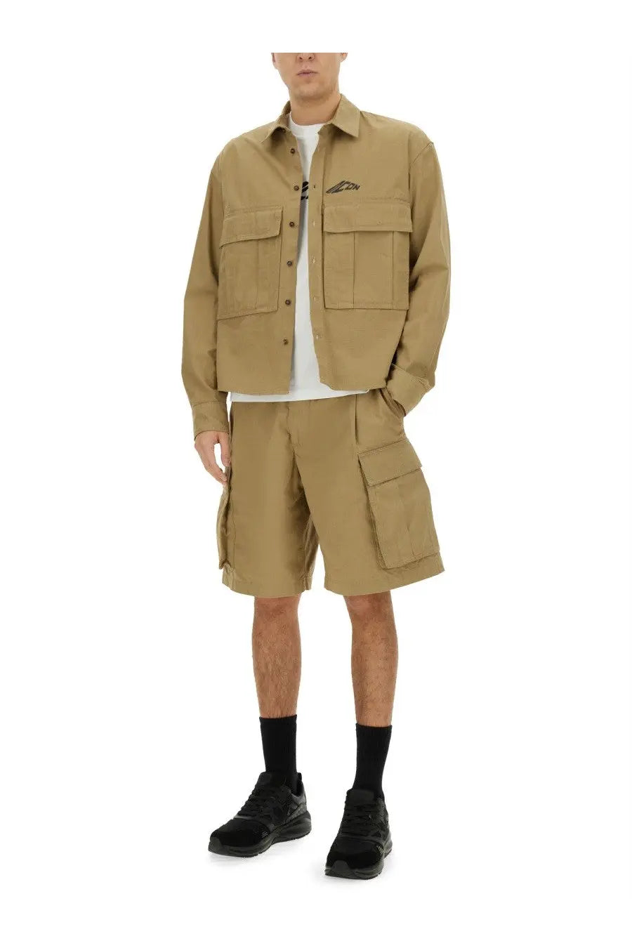 Dsquared2 men’s icon ripstop shirt brown tan utility jacket with two chest pockets and embroidered logo on left breast