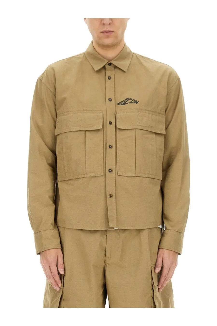 Dsquared2 men’s icon ripstop shirt brown featuring a tan utility jacket with two front flap pockets and a black logo
