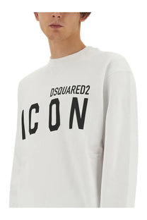White dsquared2 men’s sweatshirt featuring bold black icon lettering across the chest in a comfortable cotton blend