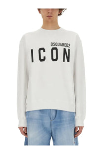 White Dsquared2 men’s icon long-sleeve sweatshirt with bold black lettering made from soft cotton material