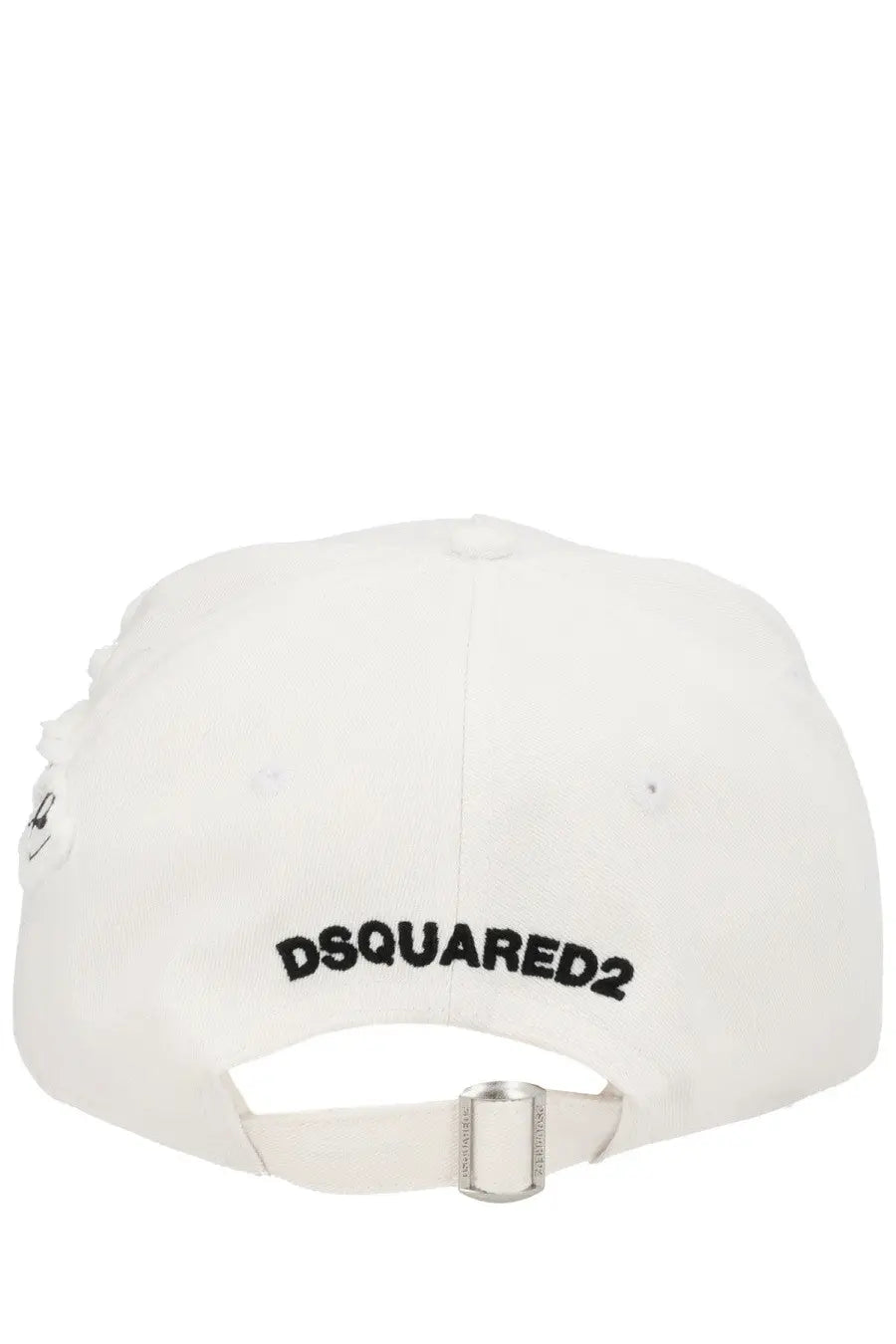 White Dsquared2 men’s Iconique baseball hat with black embroidered branding and silver metal buckle at the back