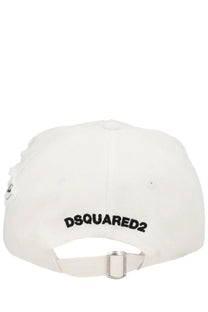 White Dsquared2 men’s Iconique baseball hat with black embroidered branding and silver metal buckle at the back