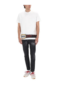 Brown leather belt with rectangular buckle featuring dsquared2 logo black and white on dsquared2 mens jeans cinque tasche black