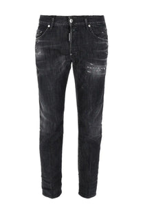 Dsquared2 men’s black distressed denim jeans with slim fit and subtle white paint splatter details