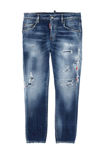 Dsquared2 men’s distressed blue denim jeans with intentional rips faded wash and classic five-pocket design