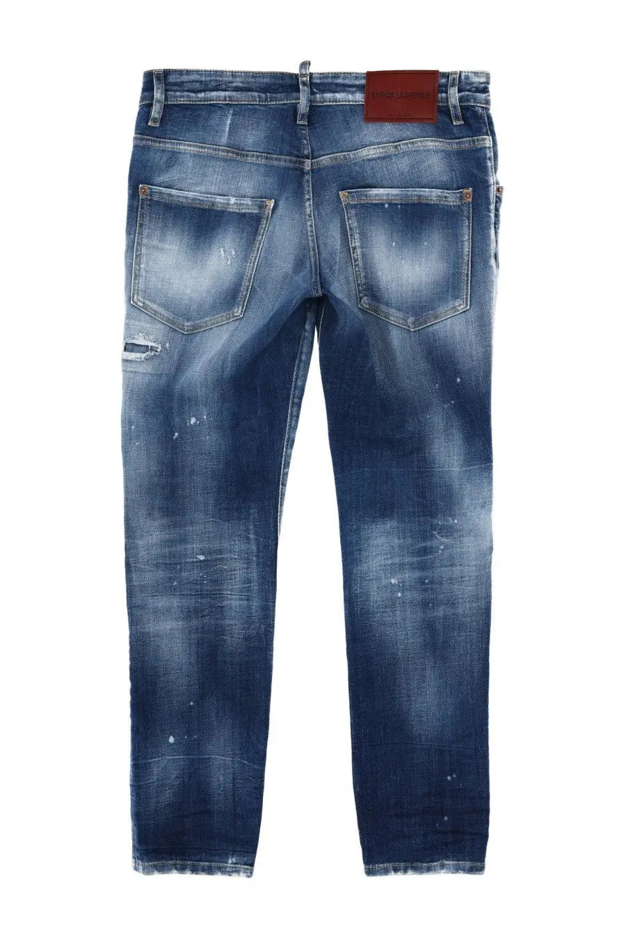 Dsquared2 men’s blue distressed denim skater jeans with faded wash and subtle white paint splatter details
