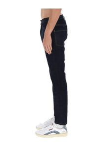 Dsquared2 men’s slim fit dark indigo denim jeans with contrasting white stitching teddy blue design