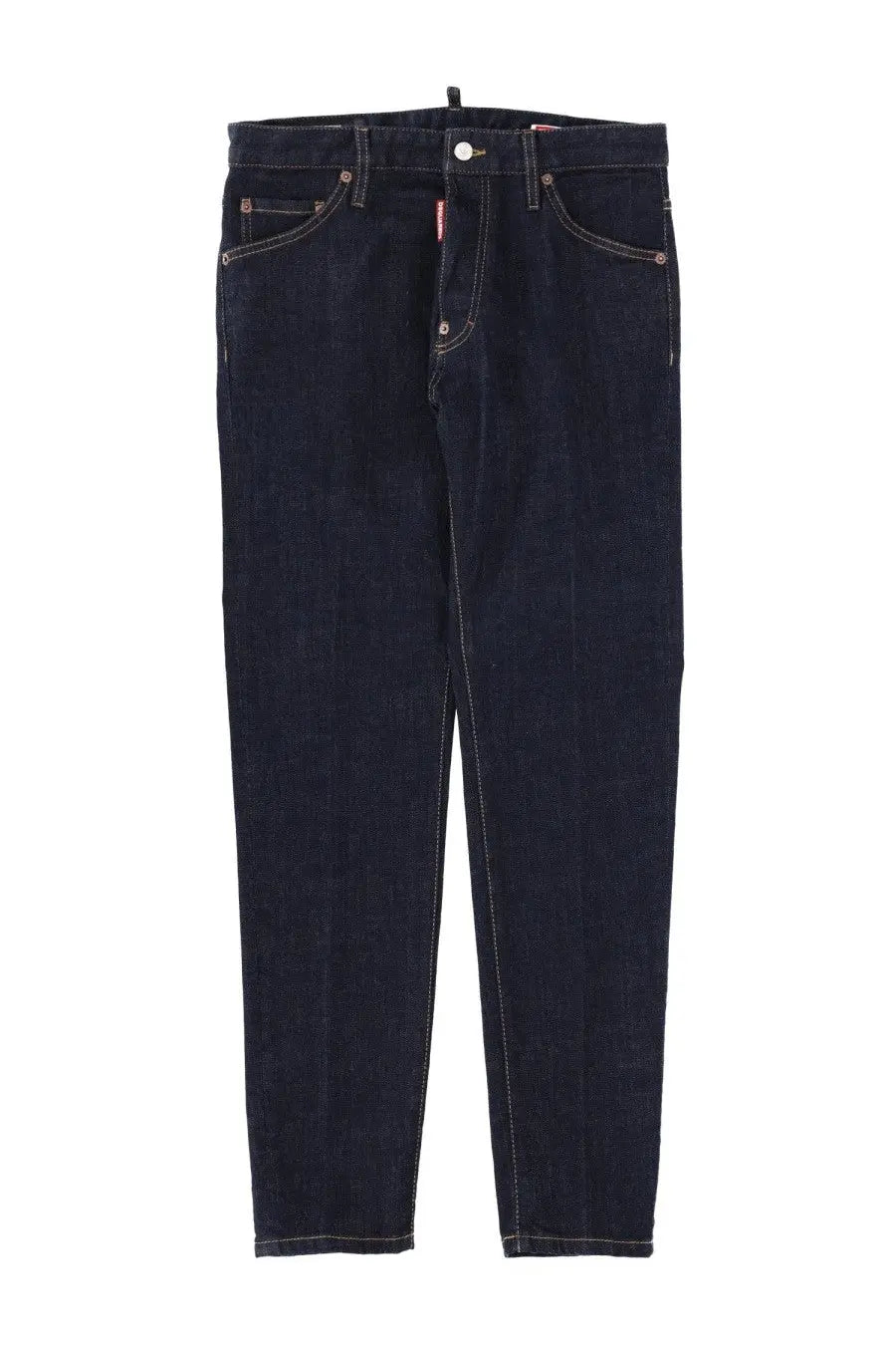 Dark indigo slim fit denim jeans with white stitching and dsquared2 logo tag on the waistband teddy blue model