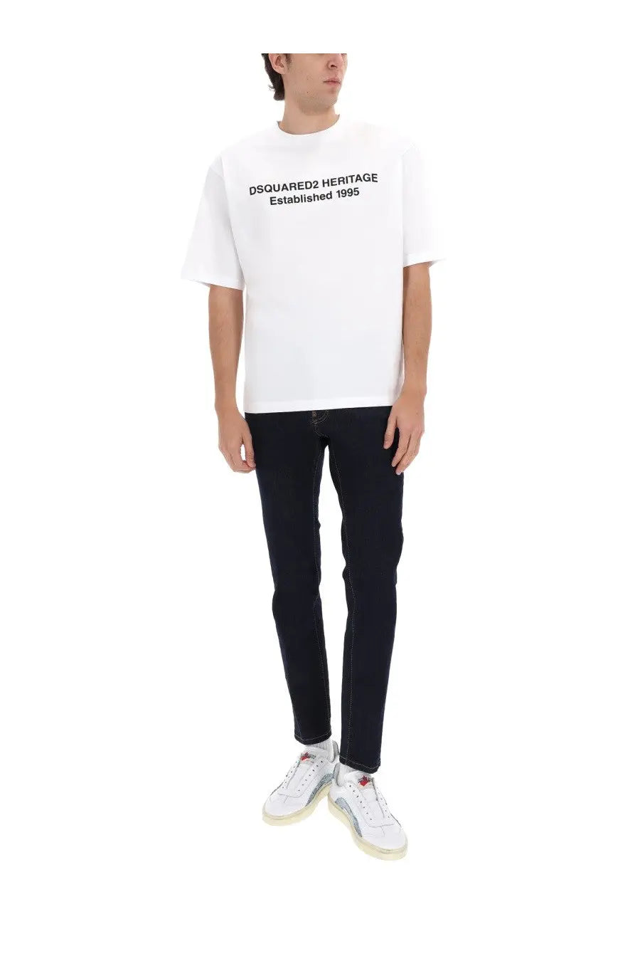 White dsquared2 heritage t-shirt with black printed text above blue dsquared2 men’s jeans teddy blue product