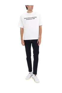 White dsquared2 heritage t-shirt with black printed text above blue dsquared2 men’s jeans teddy blue product