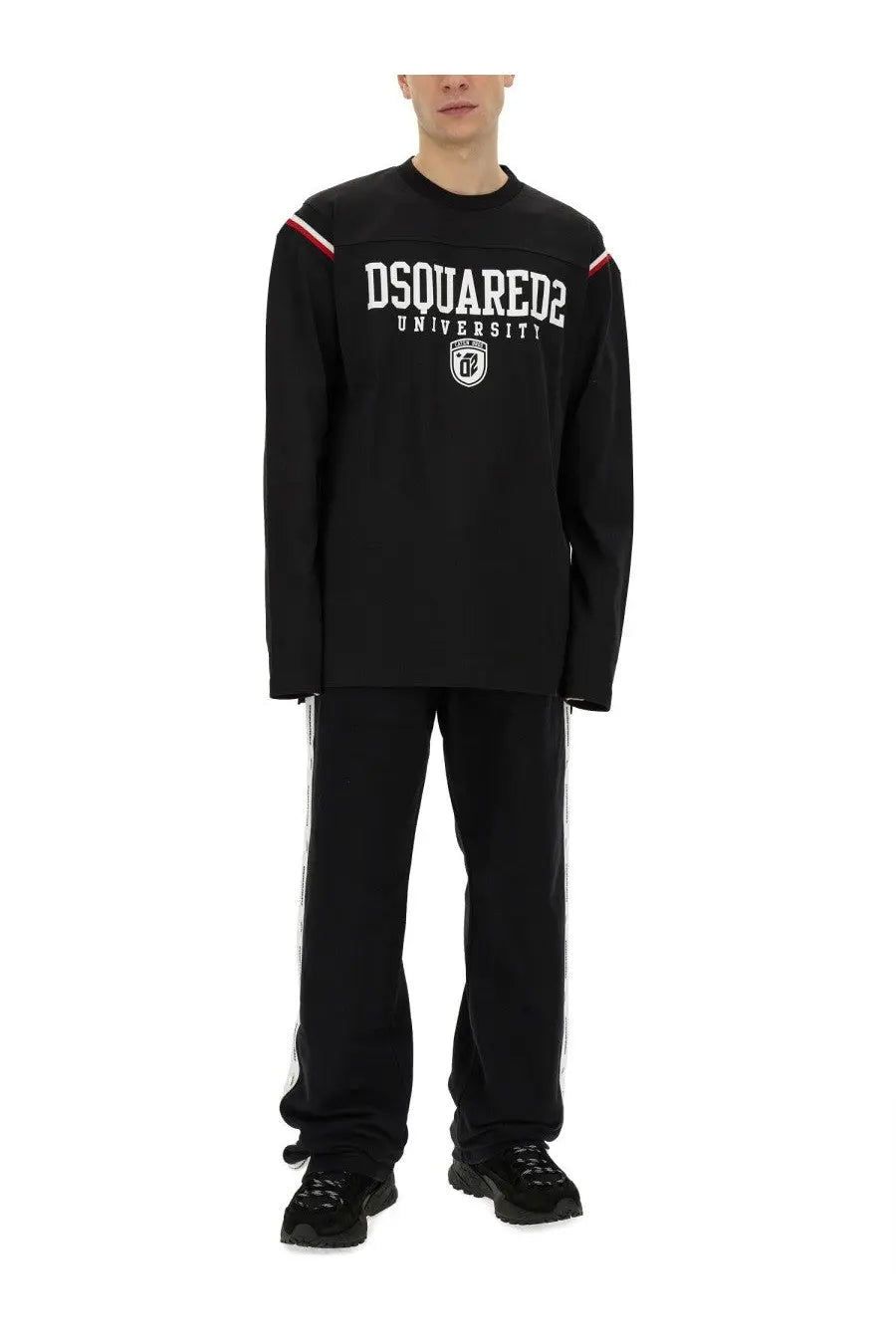 Black dsquared2 university long sleeve sweatshirt with white lettering and red white striped shoulder accents