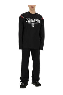 Black dsquared2 university long sleeve sweatshirt with white lettering and red white striped shoulder accents