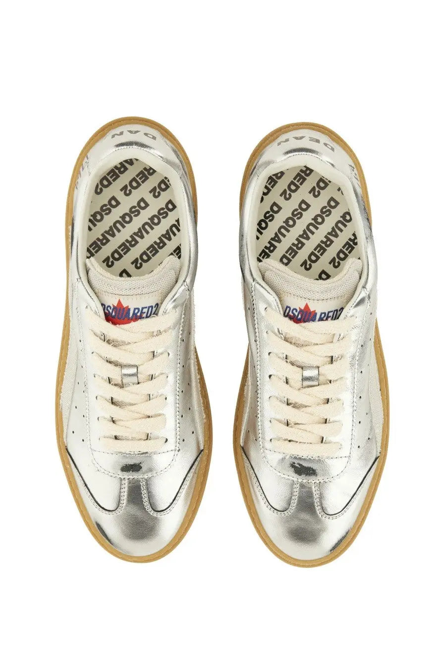 Dsquared2 men’s leather sneaker silver low-top with silver metallic finish cream laces and tan rubber sole