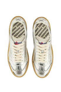 Dsquared2 men’s leather sneaker silver low-top with silver metallic finish cream laces and tan rubber sole