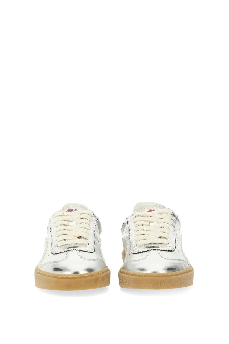 Dsquared2 men’s leather sneaker silver with silver metallic low-top design cream laces and tan rubber sole