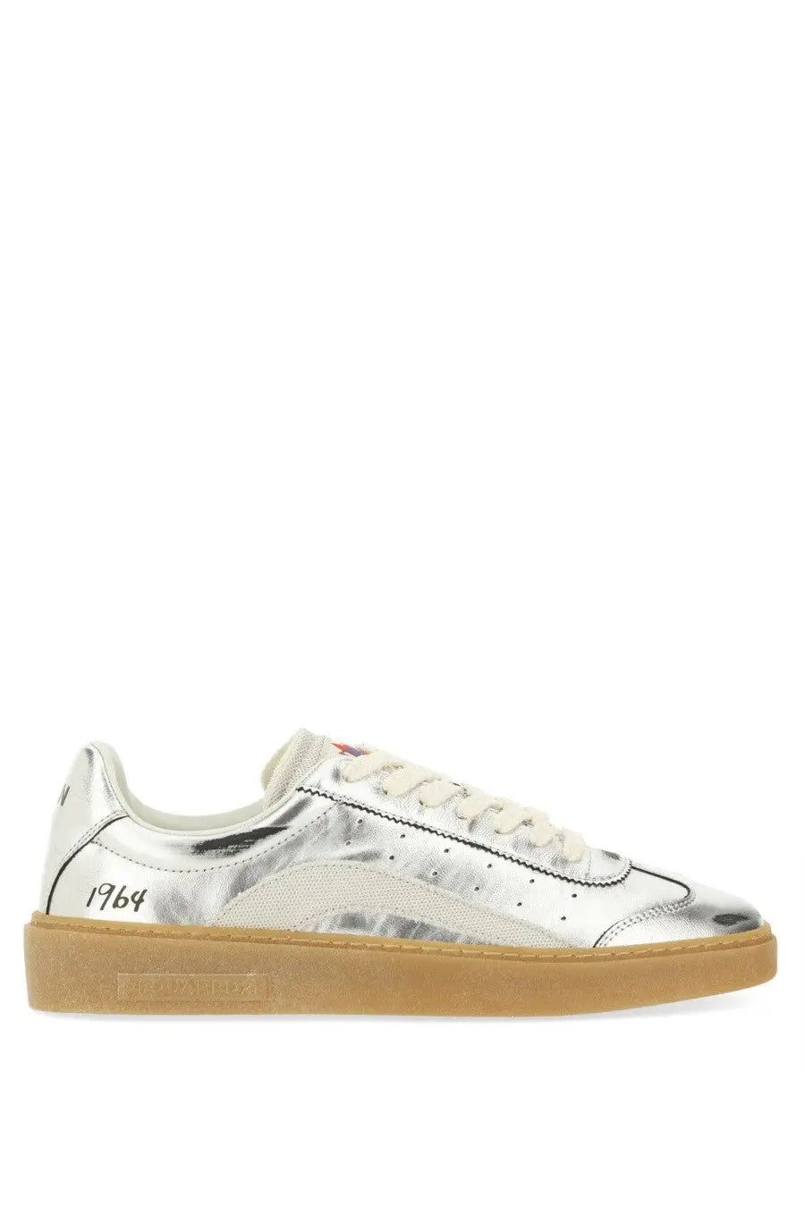 Dsquared2 men’s silver leather low-top sneaker with tan rubber sole and white laces