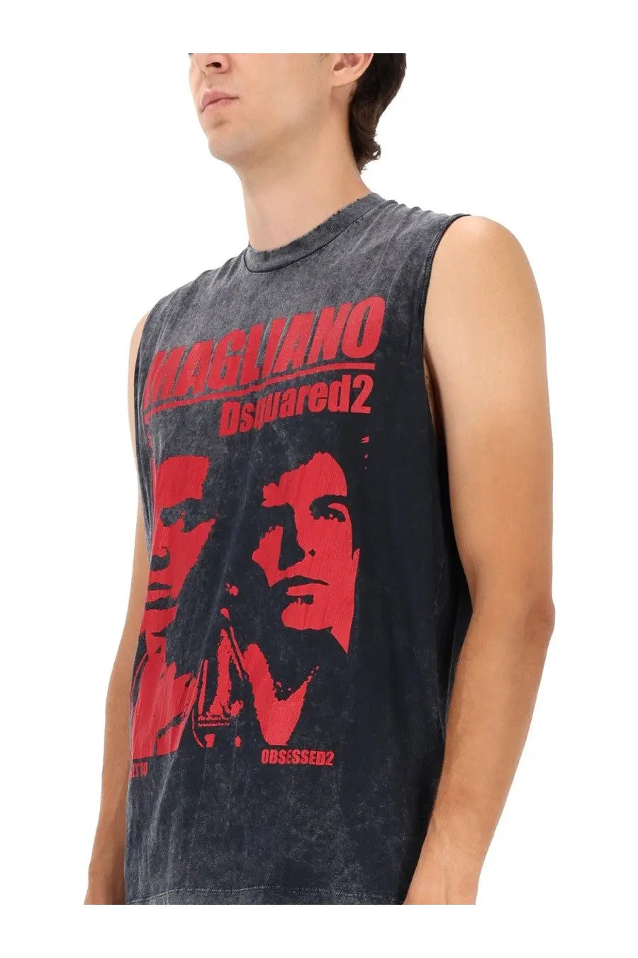 Dsquared2 men’s black distressed sleeveless tank top with bold red magliano branding and two faces graphic print