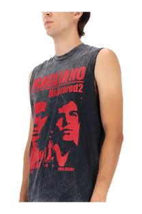Dsquared2 men’s black distressed sleeveless tank top with bold red magliano branding and two faces graphic print