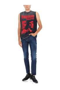 Black sleeveless tank top with red magliano dsquared2 graphic and three stylized faces for men