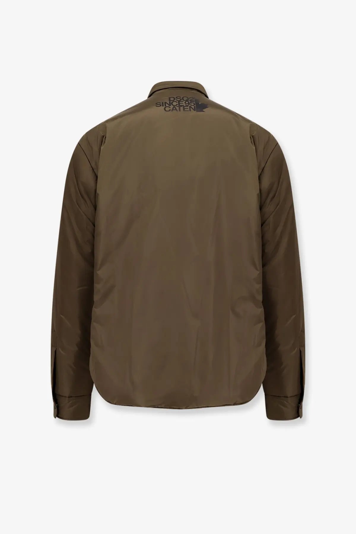 Dsquared2 men’s olive green padded nylon shirt jacket with quilted design and subtle logo at the collar